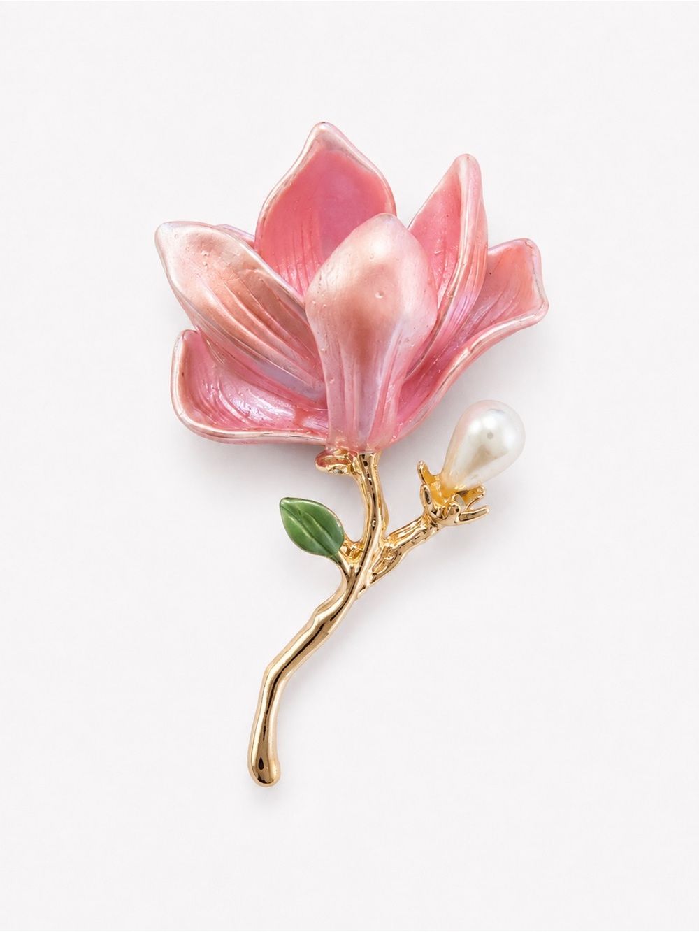 Pink Magnolia Flower Brooch Pin – Gold Tone Enamel Floral Statement Brooch
